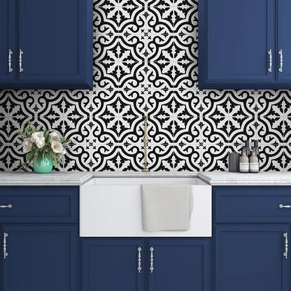 The Tiles Plaza Encaustic Peel and Stick Backsplash, Black and White Patterned Vintage Stick on Tiles, Stone Composite Self-Adhesive Wall Tile Sticker for Kitchen Bathroom Fireplace Stairs, 10 Sheets
