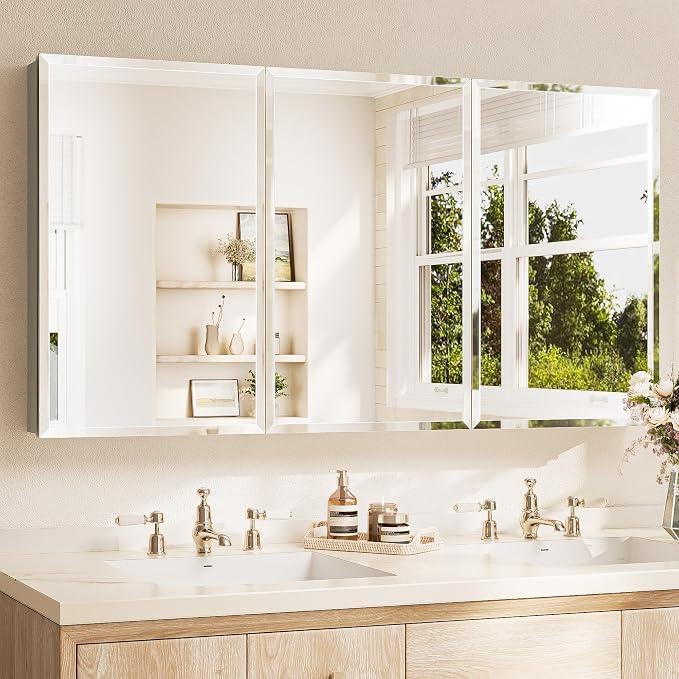 TETOTE 60 x 32 Medicine Cabinet with Tempered Beveled Mirror White Aluminum Cabinet DTC Hinges, Stepless Adjustable Shelves, Recessed/Surface-Mounted