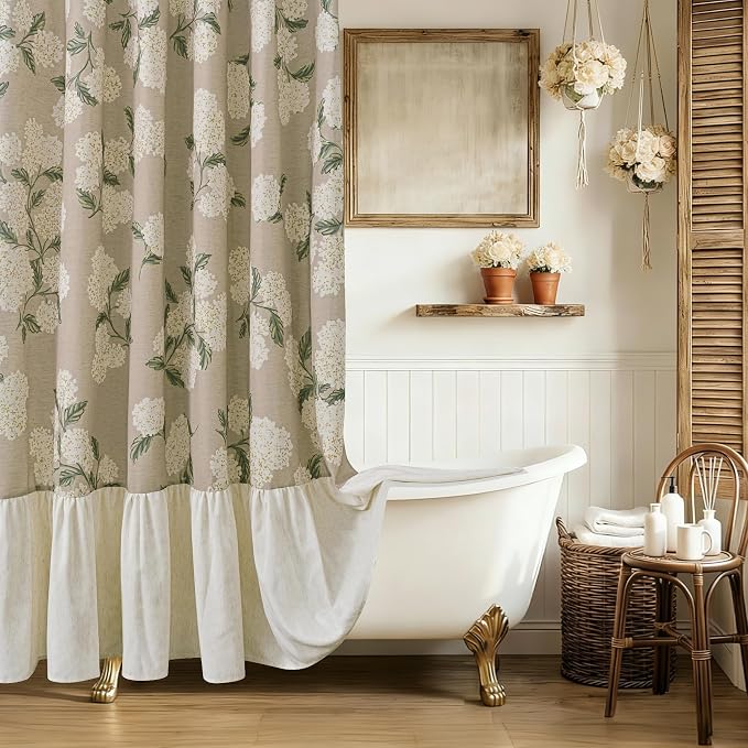 ORTIGIA Linen Textured Ruffle Shower Curtain with Metal Hooks, Off-White Cream Floral Hydrangea Waterproof Bath Curtain for Rustic Farmhouse Bathroom Decor 72x72 Inch