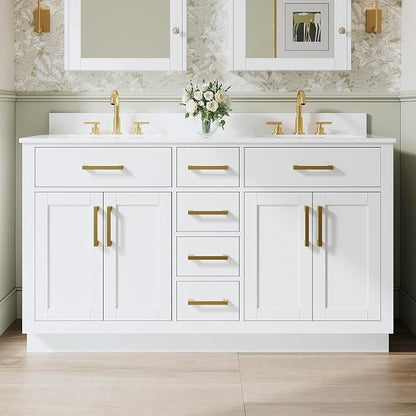 60-Inch Bathroom Vanity with Double Sinks W/ 4 Doors & 4 Drawers & 2 Flip Drawers, White Vanity W/Brushed Gold Handles