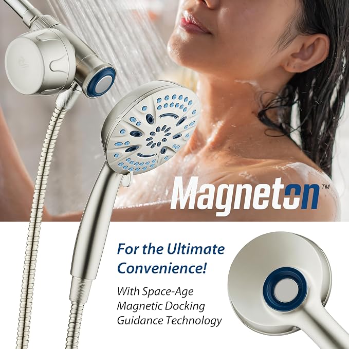 AquaCare Magneton 8-Mode High Pressure Handheld Shower Head w/Water Filter | Filters Chlorine & Toxins for Healthy Hair & Skin. Spaca-age Magnetic Docking, Hygienic Jets, Long 6 ft. Metal Hose / Nickel