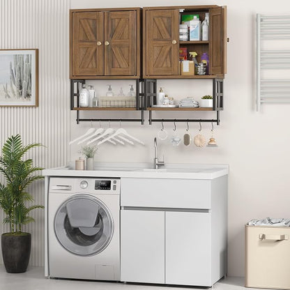Bathroom Wall Cabinet, Farmhouse Medicine Storage with Towel Bar, Walnut | 2 Doors & Adjustable Shelves 5 Hooks, 3-Tier for Over-Toilet, Laundry, Living, Bedroom, Kitchen, Space Saving