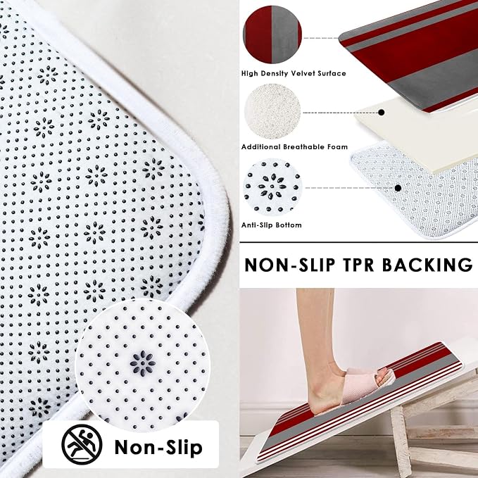 Bathroom Sets with Shower Curtain and Rugs, 4 Pcs, Abstract Stripes | Vintage Modern Burgundy Bathroom Decor Set with Toilet Lid Cover, Non-Slip Bath Mats and Accessories 12 Hooks