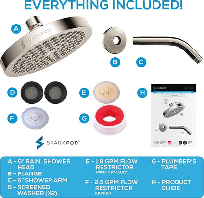 SparkPod 6" Rain Shower Head High Pressure w/ 6" Shower Arm, Brushed Nickel | High Pressure Shower Heads, 90 Nozzles, Adjustable Showerhead, No Tools Needed, Universal Connection, Gain Space & Style