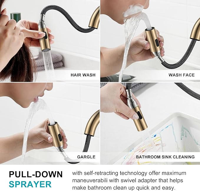 KENES Champagne Bronze Pull Down Bathroom Faucet, 4 Inch 2 Handle Centerset Bathroom Faucet 3 Hole with Pull Out Sprayer, Bathroom Vanity Faucet with Pop Up Drain & Supply Lines LJ-9069-CB