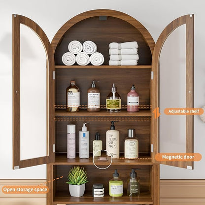 Arched Over The Toilet Storage Cabinet with Acrylic Doors, 4 Tier Small Bathroom Shelf Organizer, Mid Century Modern Bathroom Cabinet with Adjustable Shelf, Slim Narrow Arch Toilet Rack, Walnut