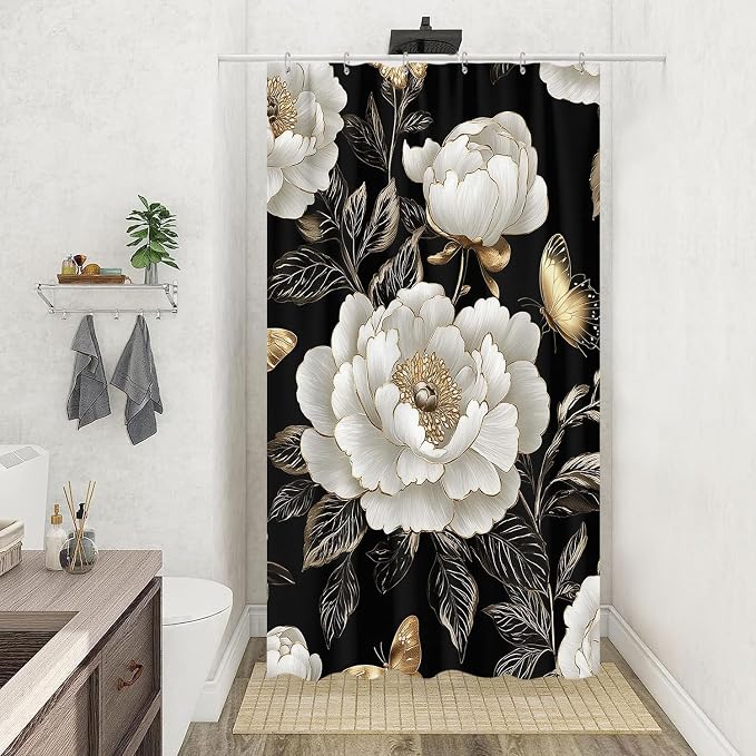 Black and Gold Boho Floral Shower Curtain, Vintage Unique Dark Flowers Botanical Aesthetic Decorative Shower Curtain Set, Pretty Gold Boho Farmhouse Curtains Bathroom Accessories with Hooks 36"x72"