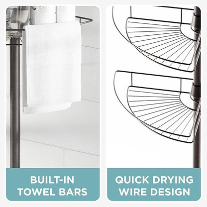 Zenna Home Tension Pole Shower Caddy Corner Organizer, Adjustable Standing Shower Caddy with 4 Baskets and Towel Bar, Rust Resistant Bathroom Tension Rod Organizer, 60 to 97 Inch, Bronze