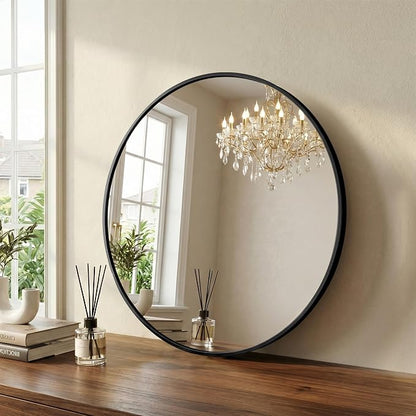 Sweetcrispy Round Bathroom Wall Mirror, Vanity Mirror, 20 Inch | Matte Metal Frame, Home Decor Circle Mirrors for Bathroom Sink, Entryway, Bedroom, Black