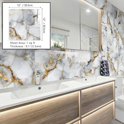 10 Sheets Marble Peel and Stick Backsplash Tile, 12"x12" Waterproof PVC Self Adhesive Tile Shower Wall Panels for Bathroom, Kitchen, Living Room (Metallic White)
