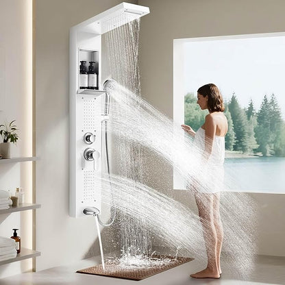Shower Panel System, Multi-Function Shower Tower With 4 Body Spray, 5 Handheld Settings, Shelf & Adjustable Height, Rainfall + Waterfall Shower Head, Rain Massage Spa System