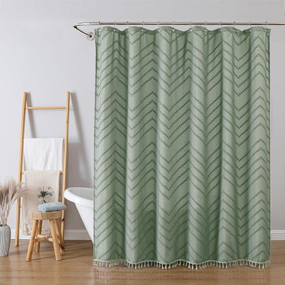 Sage Green Fabric Shower Curtain, Boho Shower Curtains for Bathroom Chic Tufted Chevron Striped Textured with Tassel, Soft Hotel Style Farmhouse, Machine Washable, 72x78, Sage Green