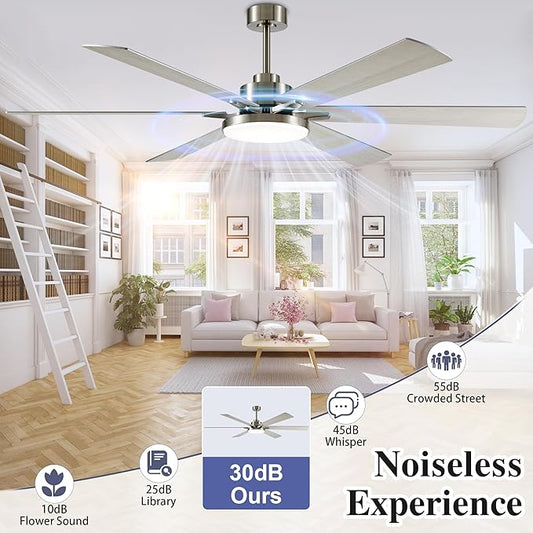 72 Inch Ceiling Fans with Lights and Remote Control,Indoor/Outdoor Flush Mount Low Profile Commercial Reversible Dimmable Ceiling Fans for Living Room Patio Industrial Shop,White Silver
