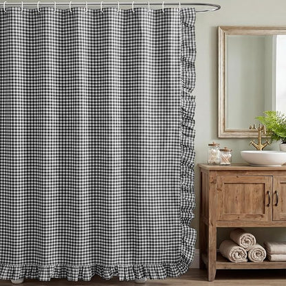 HunnmingRe Ruffled Gingham Shower Curtain Matte Black | 72'' x 72'' Vintage Farmhouse Curtain, Cotton Cottage Core Rural Checkered Plaid Decor, Fall Shower Curtain for Bathroom