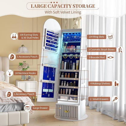 63" Full Length Mirror Jewelry Cabinet with Storage – Rotating, Lockable Jewelry Armoire with Velvet Lining, Standing Organizer for Women – Ideal Gift for Jewelry Storage & Display, White