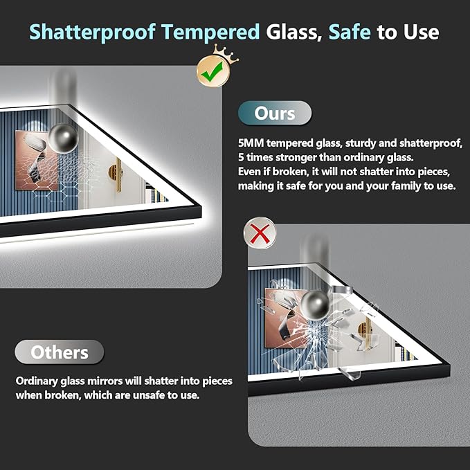 55x30 Black LED Bathroom Mirror, Backlit & Front Lit Lighted Mirror | Metal Framed Anti-Fog Vanity Mirror with Lights, 3 Color Dimmable, Memory, HD Tempered Glass, CRI95, UL Listed, Wall Mounted