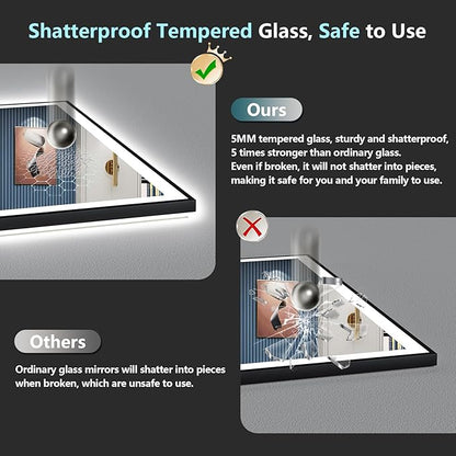 55x30 Black LED Bathroom Mirror, Backlit & Front Lit Lighted Mirror | Metal Framed Anti-Fog Vanity Mirror with Lights, 3 Color Dimmable, Memory, HD Tempered Glass, CRI95, UL Listed, Wall Mounted