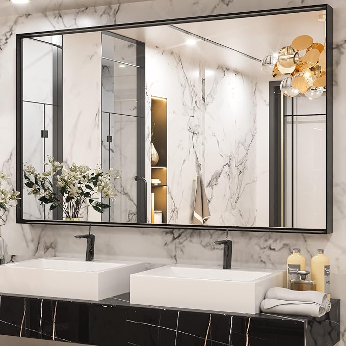 Keonjinn 60x36 Inch Black Bathroom Mirror for Over Sink, Rectangular | HD Tempered Glass, Vanity Mirror, Brushed Framed, Square Corner, Modern Farmhouse, Wall Mounted Mirrors, Aluminum Alloy