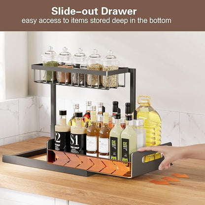 VUSIGN Under the Sink Organizer, 2-Tier Pull Out Cabinet Organizer, Metal Slide Out Storage for Bathroom Kitchen, 1 Pack, Black