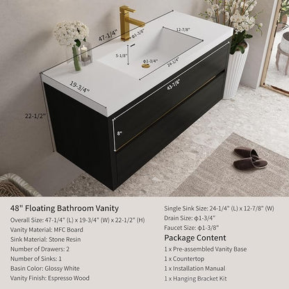 Modern 48" Wall-Mounted Bathroom Vanity with Sink | Floating Storage Cabinet, Stone Resin Countertop, Soft Close Drawers | Espresso Wood
