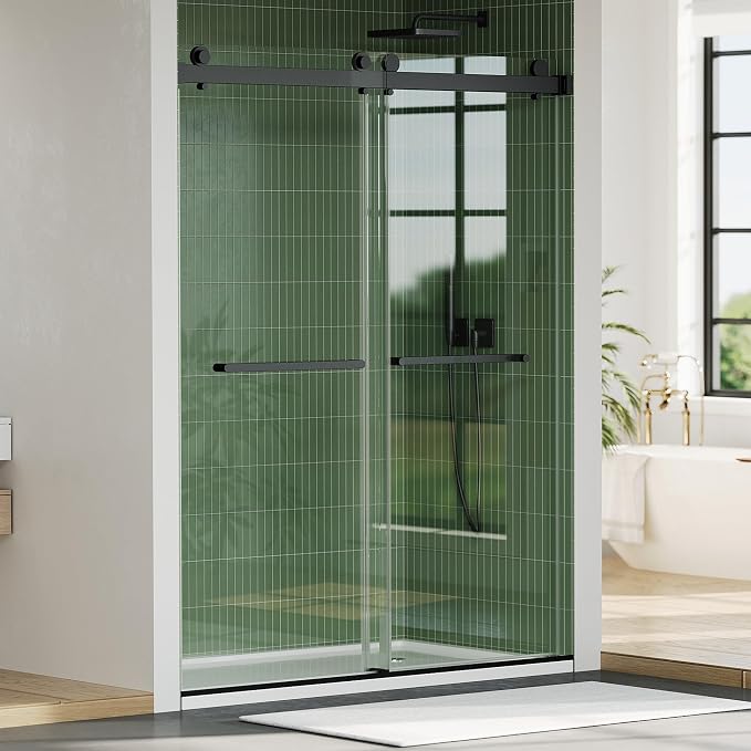 GarveeLife Frameless Shower Doors 44-48”W×74”H, Double Sliding Glass Shower Door, Square Stainless Steel Hardware, 6mm Tempered Glass, Matte Black