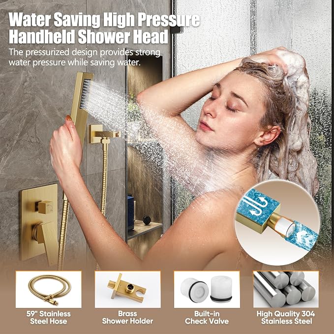 Gabrylly Rain Shower Head with Handheld Spray Combo, 12", Brushed Gold | All Metal Shower System, High Pressure Rainfall Shower Faucet Set, Solid Brass Shower Valve Complete Shower Set for Bathroom