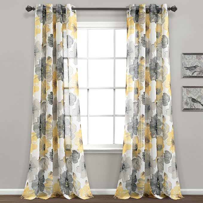 Lush Decor Leah Floral Sheer Window Curtain Panels Pair 52"W x 84"L Yellow & Gray - Floral Curtains for Bedroom - Sheer Curtains for Living Room