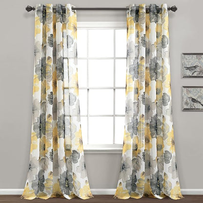 Lush Decor Leah Floral Sheer Window Curtain Panels Pair 52"W x 84"L Yellow & Gray - Floral Curtains for Bedroom - Sheer Curtains for Living Room