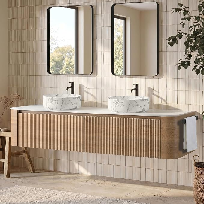 72" Floating Bathroom Vanity with Carrara Finish Sink, Honey Oak | Pre-Assembled Fluted Wall Mounted Double Sink Vanity with Sintered Stone Countertop, Soft-Close Drawers & Towel Rack