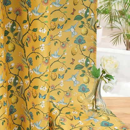 Yellow Floral Bird Shower Curtain 72x75, Hummingbird and Lemon Botanical Fabric Bath Curtains, Lightweight Quick-Dry Bathroom Decor Set with Hooks