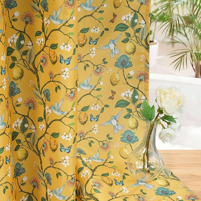 Yellow Floral Bird Shower Curtain 72x90, Hummingbird and Lemon Botanical Fabric Bath Curtains, Lightweight Quick-Dry Bathroom Decor Set with Hooks