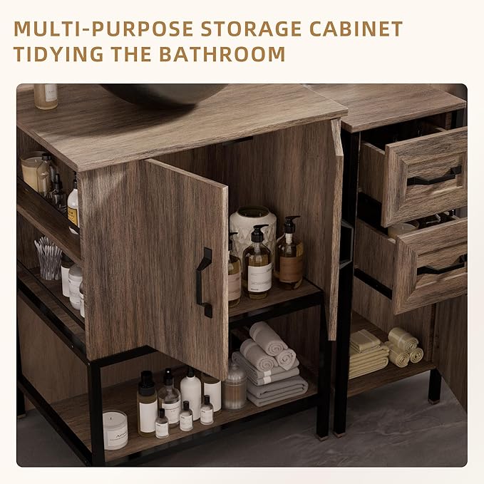 VNN Bathroom Vanity with Sink - 36 Inch Bathroom Vanity with Sink, Open Shelves and 3 Storage Drawers Side Cabinet, Modern Iron Wood Cabinet with Countertop Tempered Glass Vessel, Grey