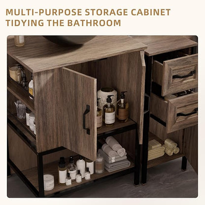 VNN Bathroom Vanity with Sink - 36 Inch Bathroom Vanity with Sink, Open Shelves and 3 Storage Drawers Side Cabinet, Modern Iron Wood Cabinet with Countertop Tempered Glass Vessel, Grey