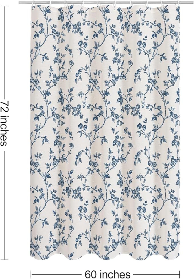 MitoVilla Blue Cotton Floral Shower Curtain for Bathroom, 60 x 72 | Blue BoHo Cottagecore Spring Shower Curtains, Modern Farmhouse Country Plant Leaves Bathroom Décor, 60 x 72