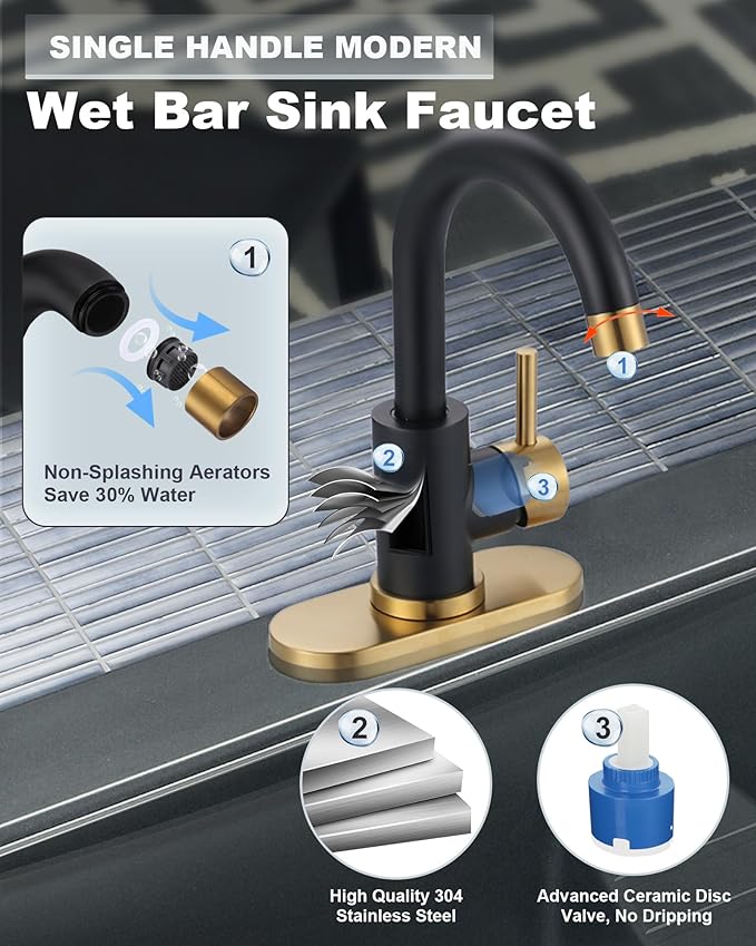 Modern Bar Sink Faucet: Single-Handle Black and Gold Bathroom Kitchen Sink Faucet, 1 Hole Wet Bar Sink Faucets with 360°Swivel Spout for bar RV Laundry Farmhouse