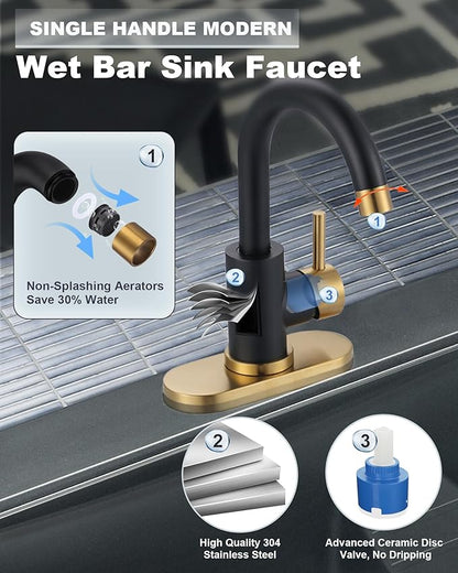 Modern Bar Sink Faucet: Single-Handle Black and Gold Bathroom Kitchen Sink Faucet, 1 Hole Wet Bar Sink Faucets with 360°Swivel Spout for bar RV Laundry Farmhouse