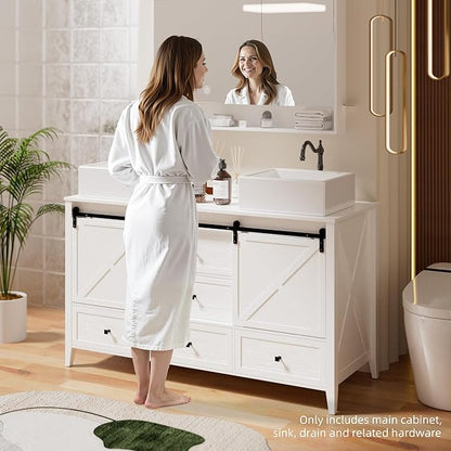 VNN Bathroom Vanity with Sink - 60 Inch Bathroom Vanity Double Sink Ceramic, Freestanding Cabinet with 2 Farmhouse Sliding Barn Doors and 5 Drawers, Space-Saving Storage Cabinet, White Wood Grain