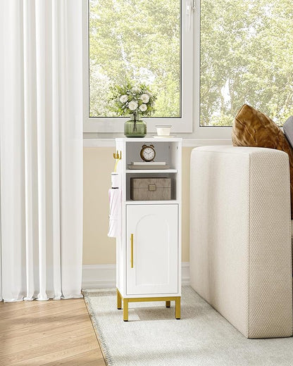 Bathroom Storage Cabinet, Corner Floor Cabinet with Door & Shelves, 2Hooks, Small Narrow Storage Organizer, Toilet Paper Cabinets for Small Space, White SC06313G