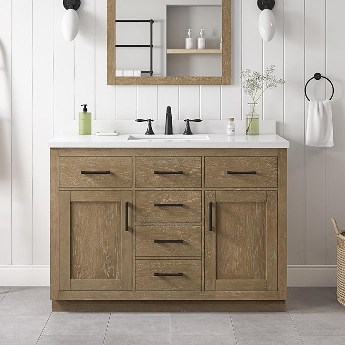 OVE Decors Bailey 48 in. Single Sink Freestanding Driftwood Oak Bathroom Vanity with White Quartz Top, Matching Backsplash and Power Bar