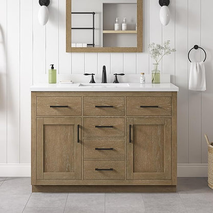 OVE Decors Bailey 48 in. Single Sink Freestanding Driftwood Oak Bathroom Vanity with White Quartz Top, Matching Backsplash and Power Bar