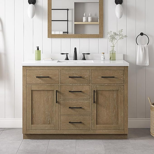 OVE Decors Bailey 48 in. Single Sink Freestanding Driftwood Oak Bathroom Vanity with White Quartz Top, Matching Backsplash and Power Bar