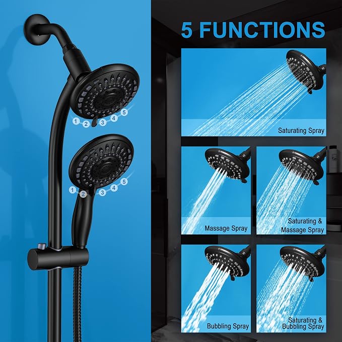 Handheld Showerhead & Rain Shower Combo for Easy Reach, 27.5" Drill-free Stainless Steel Slide Bar, 5”of 5-setting Handheld Shower and Showerhead, with 5ft Hose - Black