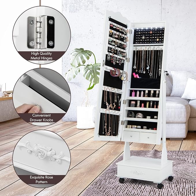 GOFLAME Jewelry Cabinet Armoire Freestanding, Lockable Jewelry Organizer with 3-position Adjustable Angle, Wheels, Full-length Mirror, Bottom Drawer, Jewelry Storage Box for Living Room Bedroom, White