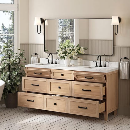 ARIEL Monroe 72-inch Bathroom Vanity with Sink,Solid Wood, 1.5-inch Carrara White Quartz Countertop & Backsplash, Double Oval Porcelain Sink, 9 Dovetail Drawers, Matte Black, White Oak