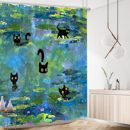 Accnicc Cute Cat Shower Curtain 84 Inch Extra Long Funny Fun Cool Cats Monet Shower Curtains for Bathroom Water Lilies Waterproof Fabric Bath Curtain Decor