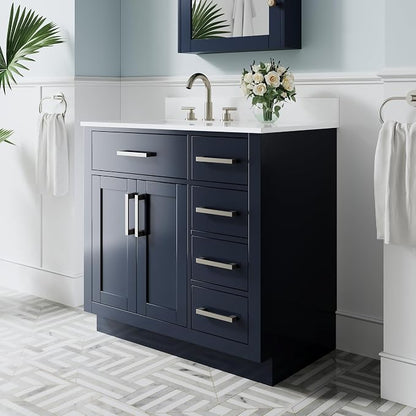 36-Inch Bathroom Vanity with Sink W/ 2 Doors & 4 Drawers & 1 Flip Drawer, Navy Blue Vanity W/Brushed Nickel Handles