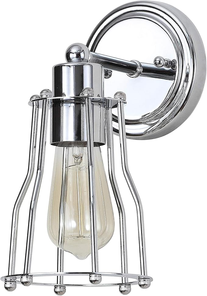 JONATHAN Y 5.13" Chrome Modern Industrial Metal Vanity Light, Bathroom Sconce for Mirror, Reversible 1-Light Wall Lamp with Metal Cage Shade for Hallway, LED Bulb Included JYL7415A