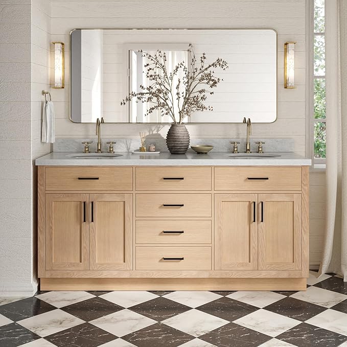 ARIEL Hepburn 72-inch Bathroom Vanity with Sink,Solid Wood, 1.5-inch Italian Carrara Marble Countertop & Backsplash, Double Oval Porcelain Sink, 4 Soft Closing Doors, 6 Dovetail Drawers, White Oak