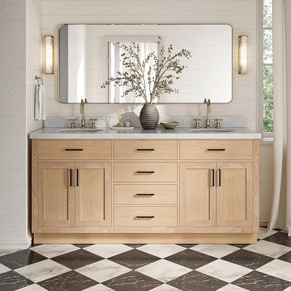 ARIEL Hepburn 72-inch Bathroom Vanity with Sink,Solid Wood, 1.5-inch Italian Carrara Marble Countertop & Backsplash, Double Oval Porcelain Sink, 4 Soft Closing Doors, 6 Dovetail Drawers, White Oak