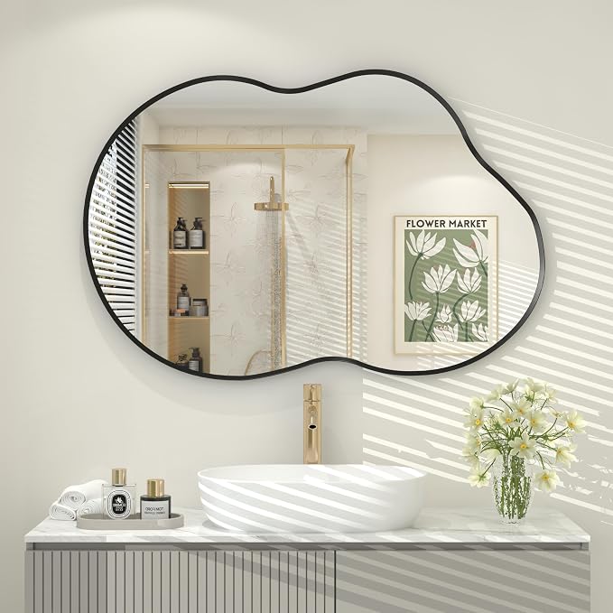 20x32 Inch Black Irregular Wall Mirror | Black Asymmetrical Mirror for Bathroom Bedroom Entryway, Matte Black Frame, Shatterproof, Anti-Rust(Horizontally/Vertically)